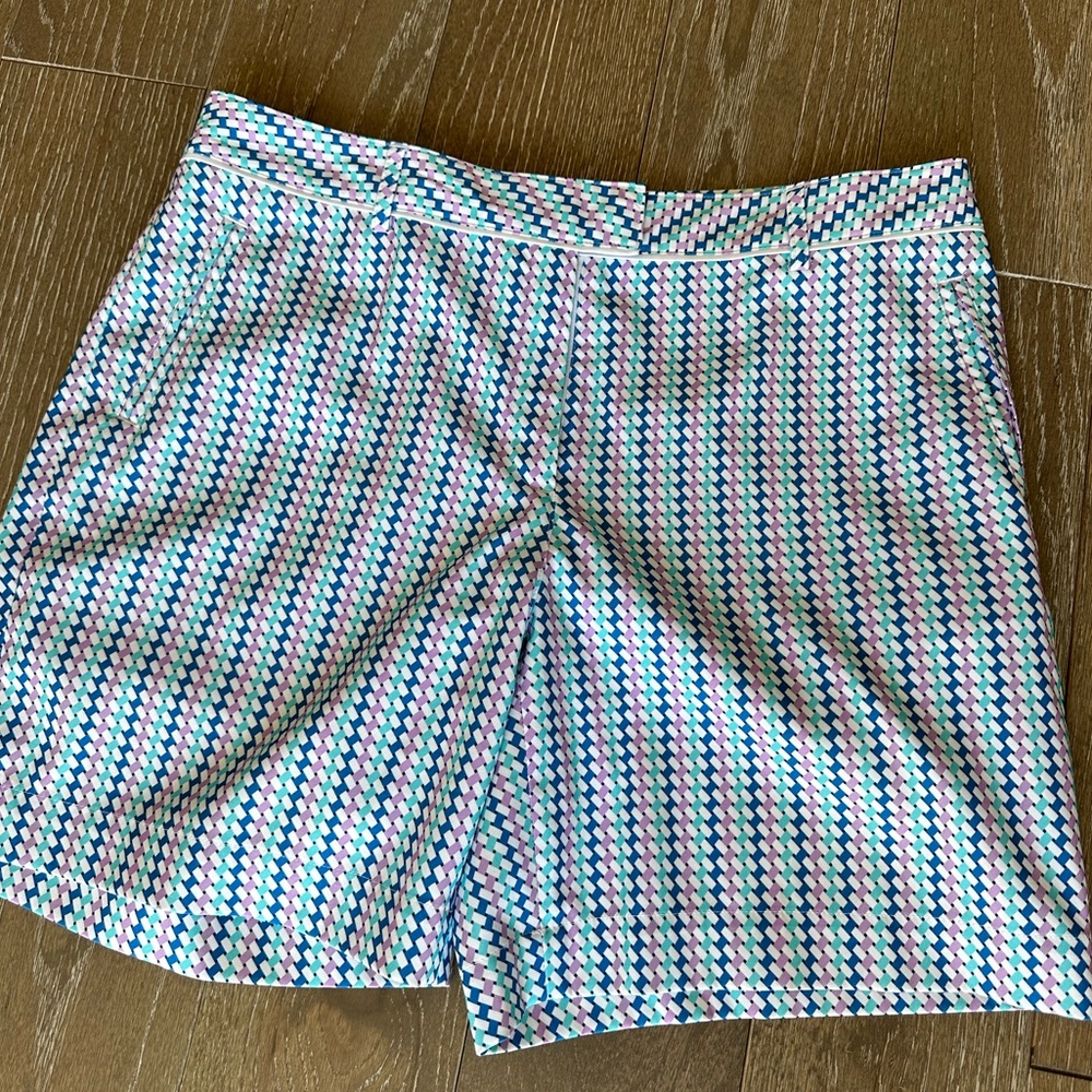 Lady Hagen, size 10, aqua, purple, white and navy pattern gold shorts.